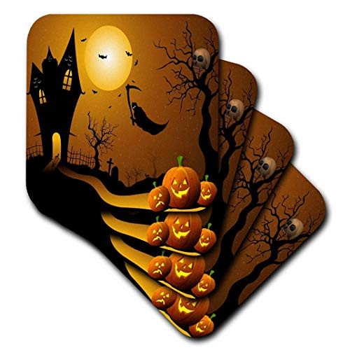 3dRose CST1522893 Halloween House with Pumpkins Skulls and Bats and The Grim Reaper Ceramic Tile Coasters Set of 4