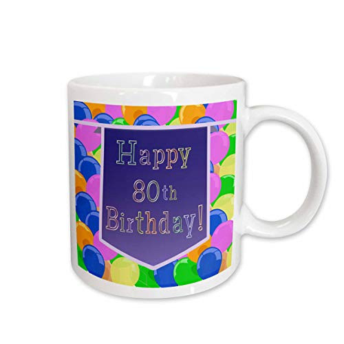 3dRose 1730732Balloons With Purple Banner Happy 80th Birthday Ceramic Mug 15 oz White