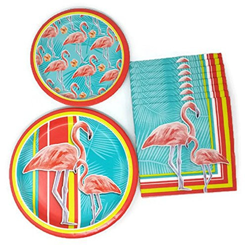 Flamingo Paper Plates and Napkins Luau Tropical Hawaiian Theme, Bundle of 3, Service for 8