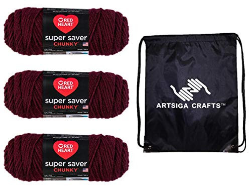 Red Heart Knitting Yarn Super Saver Chunky Claret 3Skein Factory Pack Same Dyelot E3060378 Bundle with 1 Artsiga Crafts Project Bag Red Heart Knitting Yarn Super Saver Chunky Claret 3Skein Factory Pack Same Dyelot E3060378 Bundle with 1 Artsiga Crafts Project Bag