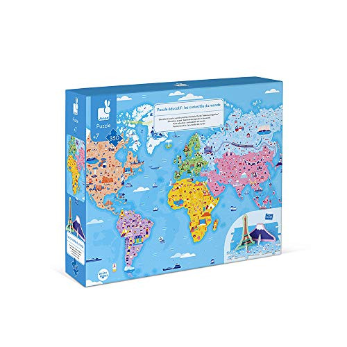 Janod 350 Piece Educational World Atlas Floor Puzzle and Wonders of The World Playset  Cognitive Development and Role Play  Ages 6