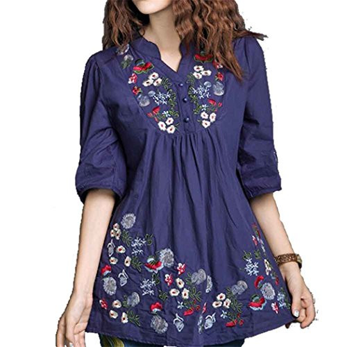 Kafeimali Womens Mexican Blouse Embroidered Peasant Dressy Tops 34 Sleeve Shirt Navy Blue