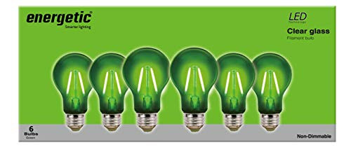 Energetic LED Color Filament Light Bulbs, 2W, Green, A19 Shape, E26 Base, UL Listed, 6-Count