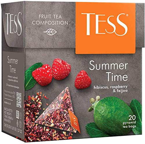 Tess Summer Time Fruit Tea Composition Hibiscus Raspberry and Feijoa Leaf Tea in 20 Pyramid Sachets