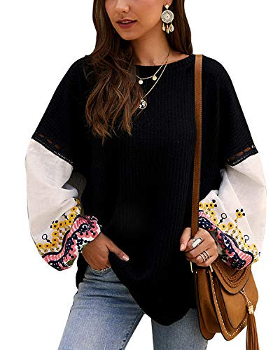 ABYOXI Knit Tops for WomenCasual Long Sleeve Waffle Knit Pullover Sweater Thermal Waffle Knit Tunic Top Casual Solid Loose Blouse Black S