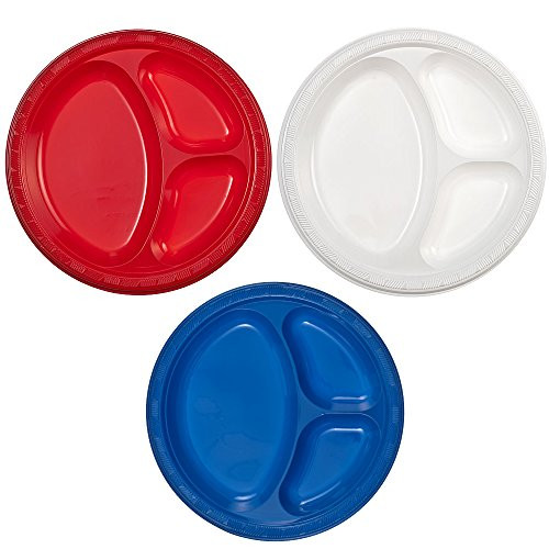 Party Dimensions 10" 3 Compartment Plastic Plate Bundle: Red, White & Blue - 24 Plates Total