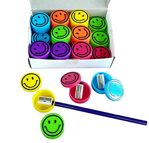 Dondor Pencil Sharpeners for Kids with Removable Neon Colored Lids 48 Pack  Smiley FACE