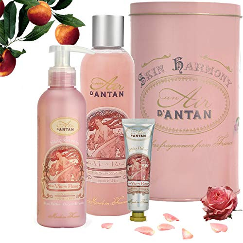 Un Air dAntan French Beauty Set ROSE with Organic Rose 1 Hand Cream 08oz  1 Body Wash 84oz  1 Body Lotion 68oz in a Vintage Tin Box Fragrance Rose Peach Christmas Gift Idea for Women