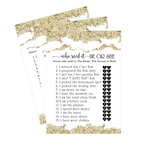 Gold Bridal Shower Games He or She Said It - Guess Who Bride Groom (Set of 25 Cards) Fun Activity Ideas for Wedding Celebrations