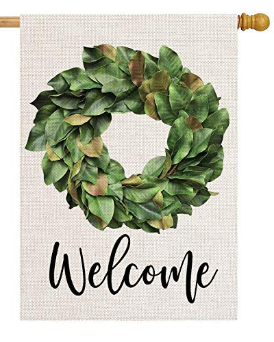 pingpi Welcome Magnolia Leaves Wreath 28 x 40 House Flag Welcome Summer Double Sided Farmhouse Burlap Yard Outdoor Decor