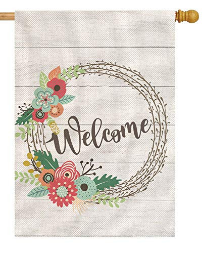 pingpi Welcome Wreath House Flag 28 x 40 Double Sided Burlap Welcome Large Yard Garden Flag Banners for Patio Lawn Home Outdoor Decor