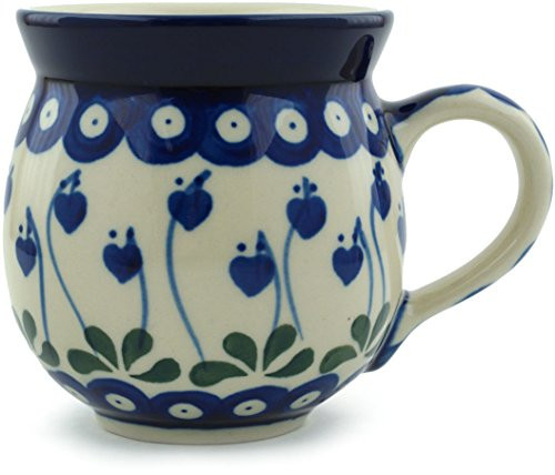 Polish Pottery Coffee Mug Bubble 12 oz Bleeding Heart Peacock