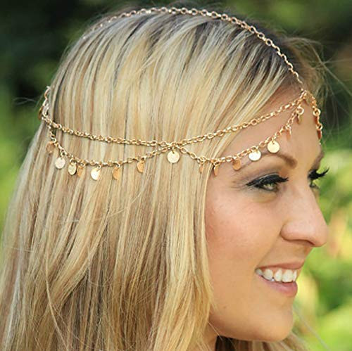 Fdesigner Boho Coins Head Chain Fashion Dangle Layered Hair Chain Jewlery Wedding Hairpieces Festival Pendant Hair Accessories for Women and Girls Gold