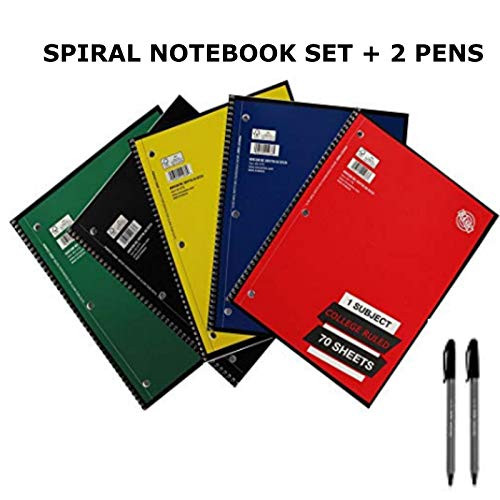 1 Subject College Ruled Spiral Notebook + 2 Pens Solid Colors Perforated Edge 70 Sheet Pack of 5