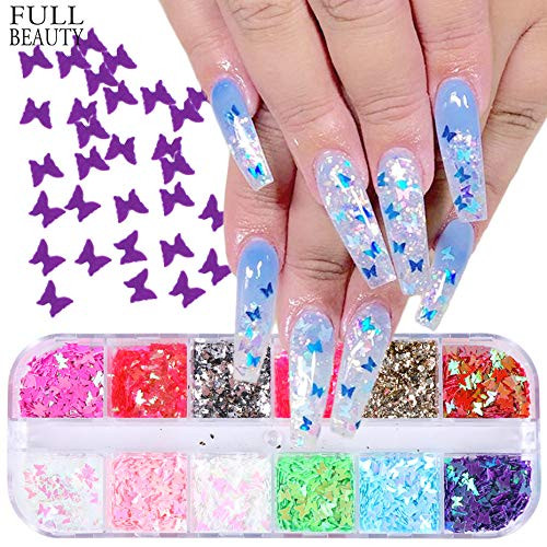 3D Butterfly Nail Art Glitter Decals Laser Butterfly Nail Sequins Holographic Nail Decals for DIY Nail Art Design Decoration Sparkle Nail Art Tips Charms Butterflies 12 ColorSet