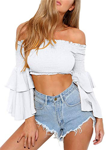 Arjungo Womens Off The Shoulder Tops Long Flared Sleeve Elastic Crop Tops Blouse Shirt White
