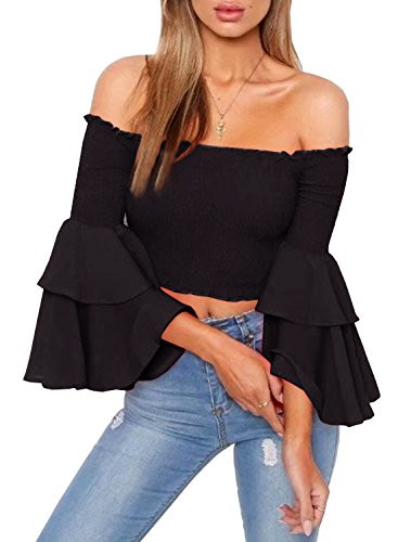 Arjungo Womens Off The Shoulder Tops Long Flared Sleeve Elastic Crop Tops Blouse Shirt Black