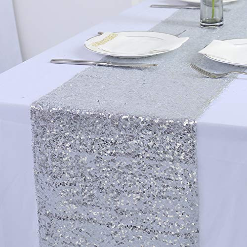 Zdada New Years Eve Party Sequin Table Runner Silver Fabric Table Runner12x60 Shimmer Table Runner for Home