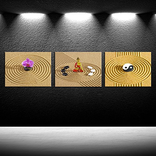 iK Canvs - 3 Piece Zen Stone Poster Canvas Wall Art Prints Orchid and BUddha Painting Modern Printed Picture Framed Giclee Artwork Contemporary Home Decor Ready to Hang 12x16inchx3pcs