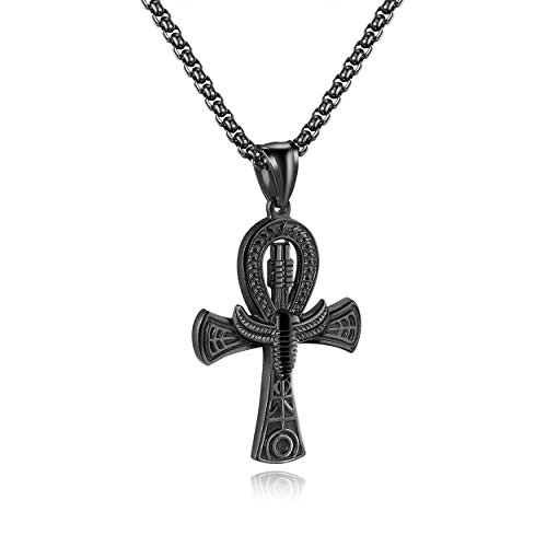 Stainless Steel Ancient Egyptian Coptic Ankh Pendant Necklace for Boys Womens Mens 24 Inch Chain Black