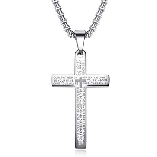 Mens Stainless Steel Lords Prayer Nail Cross Pendant Necklace for Boys Women Men Chain 24 Silver Mens Stainless Steel Lords Prayer Nail Cross Pendant Necklace for Boys Women Men Chain 24 Silver