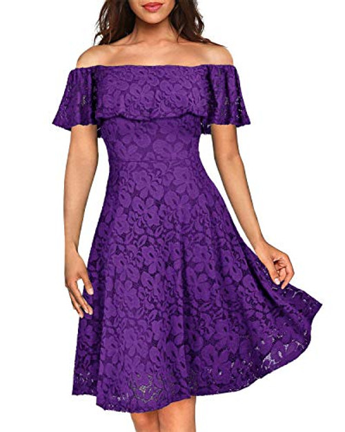 Kidsform Womens Off Shoulder Lace Dress Vintage Floral Cocktail Party Wedding Dresses Purple XL