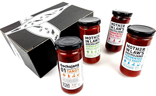 MotherinLaws Kimchi Gochujang Sauces 4Flavor Variety One 9 oz Jar Each of Concentrated Extra Spicy Concentrated Sesame and Garlic in a BlackTie Box 4 Items Total