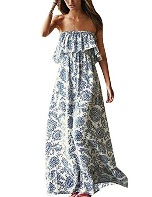 Yidarton Women Summer Blue and White Porcelain Strapless Boho Maxi Long Dress Blue Small