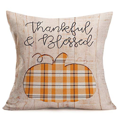 Asminifor Autumn Fall Buffalo Check Plaid Pumpkin Pillow Covers Farmhouse Decorations Thankful  Blessed Quote Decorative Cotton Linen Square Throw Pillow Case Cushion Cover 18 X 18 FBC13