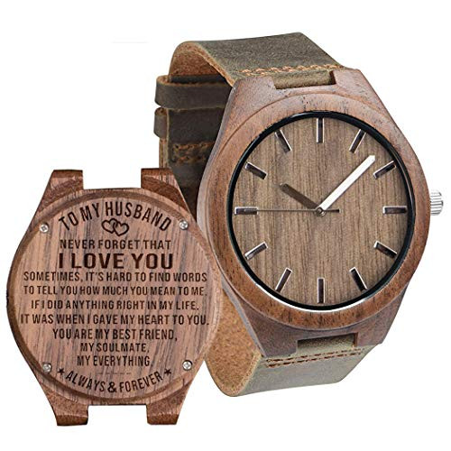 Personalized Engraved Mens Wooden Watches Leather for Husband Groomsmen Man Son Dad Boyfriend Love Fiance Anniversary Birthday Walnut Watch for Husband