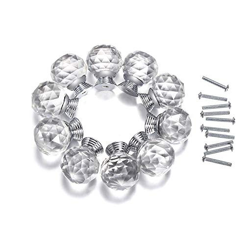 HOSL 10Pack Glass Cabinet Knobs Round Crystal Glass Cupboard Wardrobe Cabinet Drawer Knob Door Pull Handle Diamond Shape Cupboard and Drawer Cabinet Handle for Home?Kitchen?Wardrobe30MM