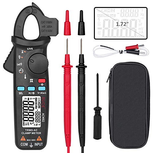 Bside 1mA Digital Clamp Meter True RMS 6000 Counts AutoRanging Meter Temperature Capacitance Hz Low Impedance VAlert Live Wire Check Tester with Back Clip