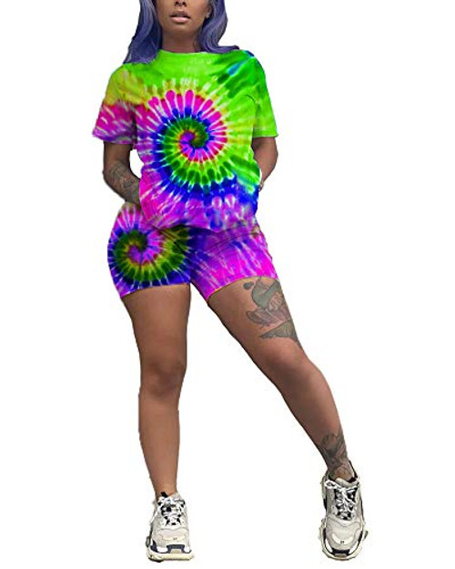 Womens Colorful 2 Piece Outfits  Tie Dye Bodycon Short Sleeve Crop Top and High Waist Short Pants Green