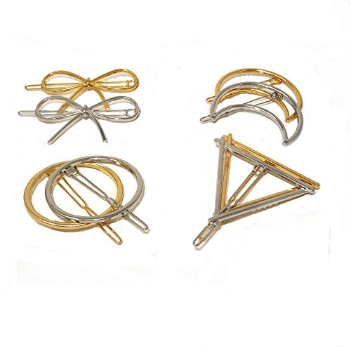 yueton 8pcs Minimalist Dainty Hair Clips Gold Hollow Geometric Alloy Hairpin Hair Clamps Multiple Pattern Barrettes Bobby Pin Headwear Headdress Styling for Women Girls Circle Triangle Bow and Moon