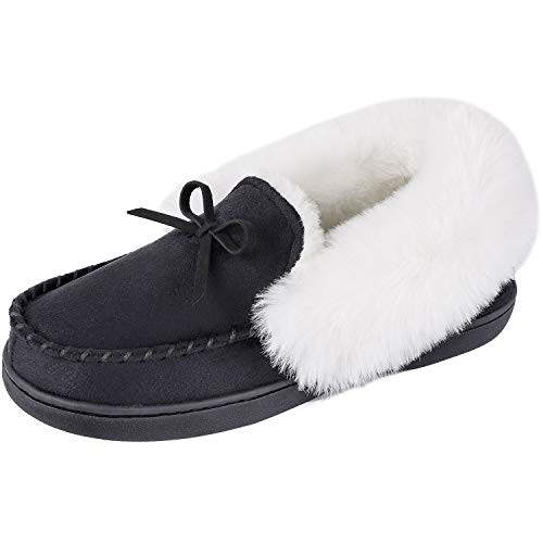 HomeIdeas Womens Faux Fur Lined Suede House Slippers Breathable Indoor Outdoor Moccasins 8 BM US Black