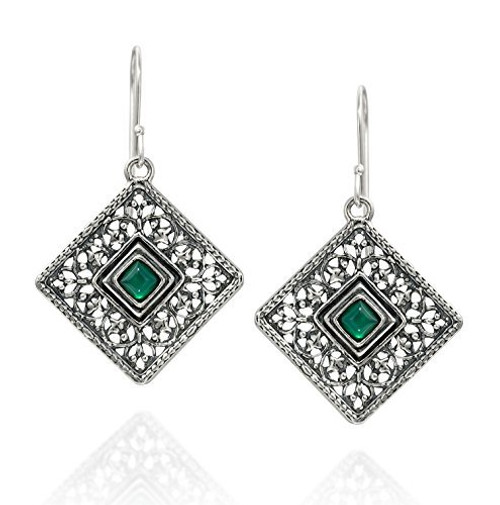 Stera Jewelry 925 Sterling Silver Green Agate Gemstone Filigree Square Shaped Dangle Earrings Stera Jewelry 925 Sterling Silver Green Agate Gemstone Filigree Square Shaped Dangle Earrings