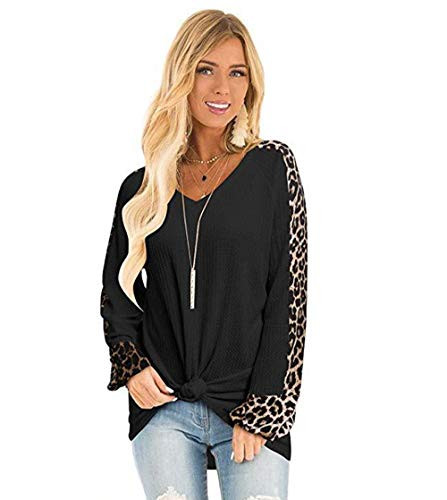Womens Leopard Print Tunic Top Casual Long Sleeve Shirt Pullover Leopard Color Block Tops VNeck Black Medium