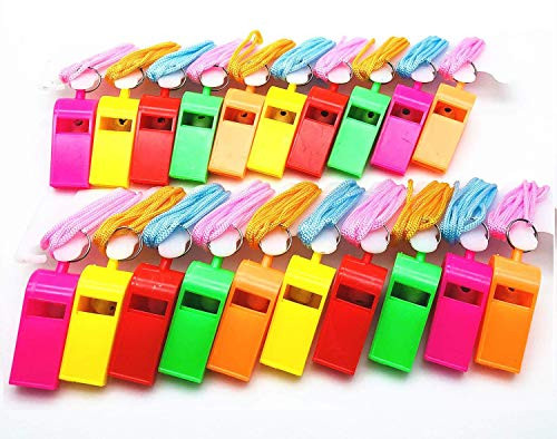 XMHF 20pcs Neon Plastic Colorful Whistle Necklace Loud Crisp Sound Coaches Referee Whistle with Lanyards for Football Sports Lifeguards Survival Emergency Training