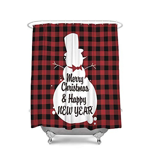 Libaoge Winter Snowman Merry Christmas and Happy New Year Red Black Buffalo Check Plaid Soap Free Waterproof Polyester Fabric Bathroom Shower Curtain