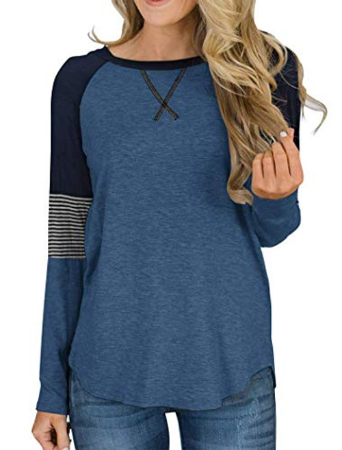 JIANGRUI Womens Long Sleeve and Short Sleeve T Shirts Color Block Causal Blouses Tops Round Neck Striped Tunic Tops Dark Blue