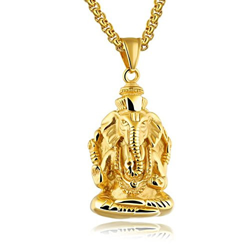 JAJAFOOK Stainless Steel Elephant Necklace Indian Ganesha Good Luck Necklace GoldenSilvery 2362