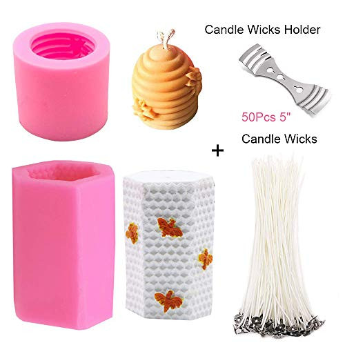 3D Bee Honeycomb Candle Molds with 50Pcs Low Smoke Candle Wicks Hexagon Beehive Silicone Molds for Making Beeswax Candles Soaps Lotion Bars Bath Bombs Set of 2