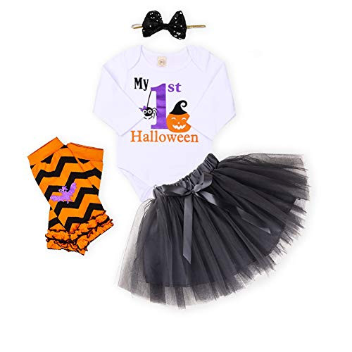 Baby Girls Halloween Outfits My 1st Halloween Romper Tutu Skirt Striated Leg Warmer Headband 4Pcs Clothes Set White 612 Months