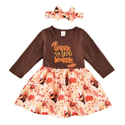 Toddler Baby Girls Thanksgiving Turkey Outfits Gobble Til You Wobble Letter Print Dress with Headband Clothes Set Gobble Til You Wobble 1218 Months