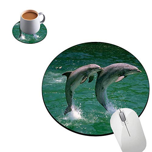 Round Mouse Pad and Coasters Set Jumping Dolphin Mousepad NonSlip Rubber Round Gaming Mouse Pad Customized Mouse Mat for Home Office Business Gaming