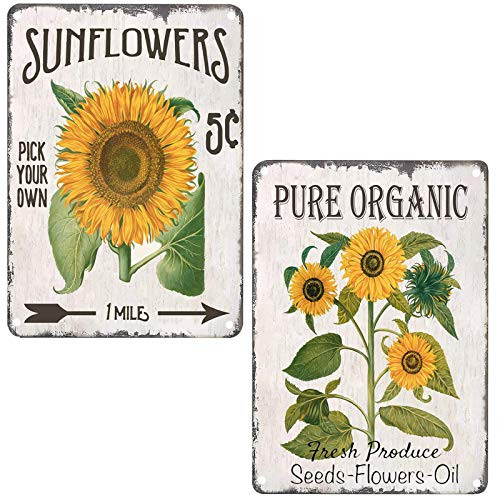 TISOSO Pure Organic Sunflower Retro Vintage Tin Bar Sign Country Home Decor for Home Living Room Bedroom Decoration 2 Piece 8X12Inch