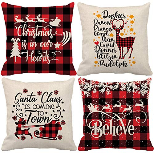 7COLORROOM Set of 4 Rustic Christmas Pillow Covers Farmhouse Buffalo Check Plaid with Deer Snowman Christmas Tree Cushion Cover Happy Holiday Cotton Linen Throw Pillow Cases 18x 18