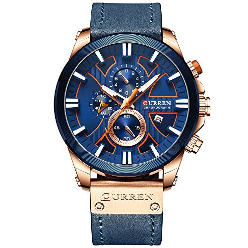 Mens Water Resistant Sport Chronograph Watches Military Multifunction Leather Quartz Wrist Watches Rose Gold Blue