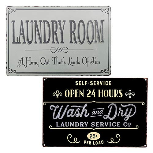 PXIYOU Laundry Room SelfService Open 24 Hours Wash and Dry Vintage Metal Sign for Washroom Home Decoration 2Pcs8X12Inch