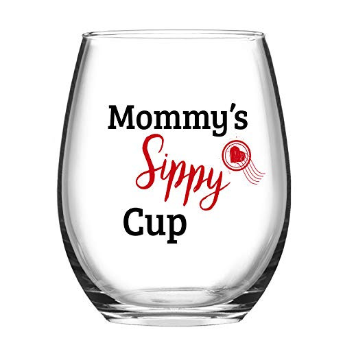 Wine Glass Mommy's Sippy Cup - Funny Wine Glass Mom Wine Glass 15 oz Christmas Gift for Mom, Gift Idea for Her, Birthday Gift for Mom New Mom Gifts Ideas Funny Stemless Wine Glass